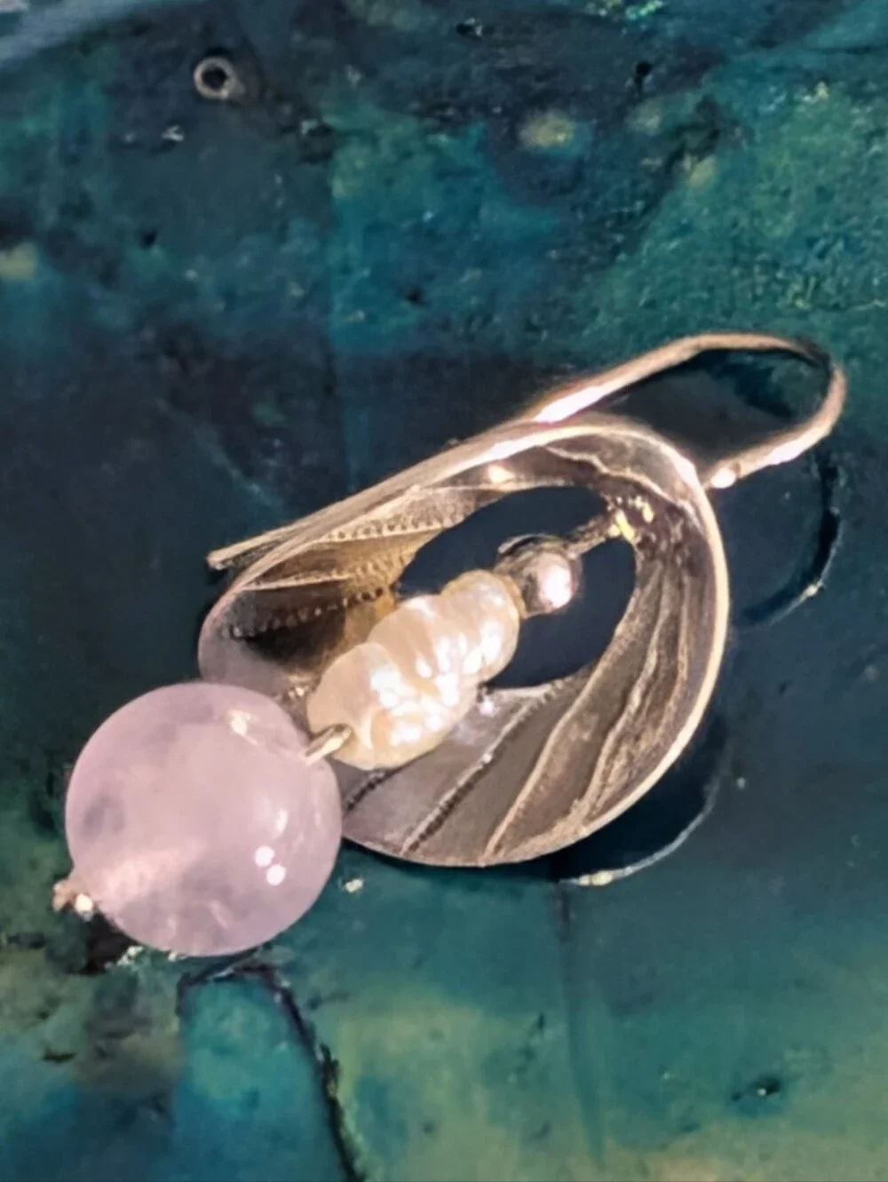 Sterling Silver Leaf Drop Earrings with Rose Quartz And Freshwater Pearl